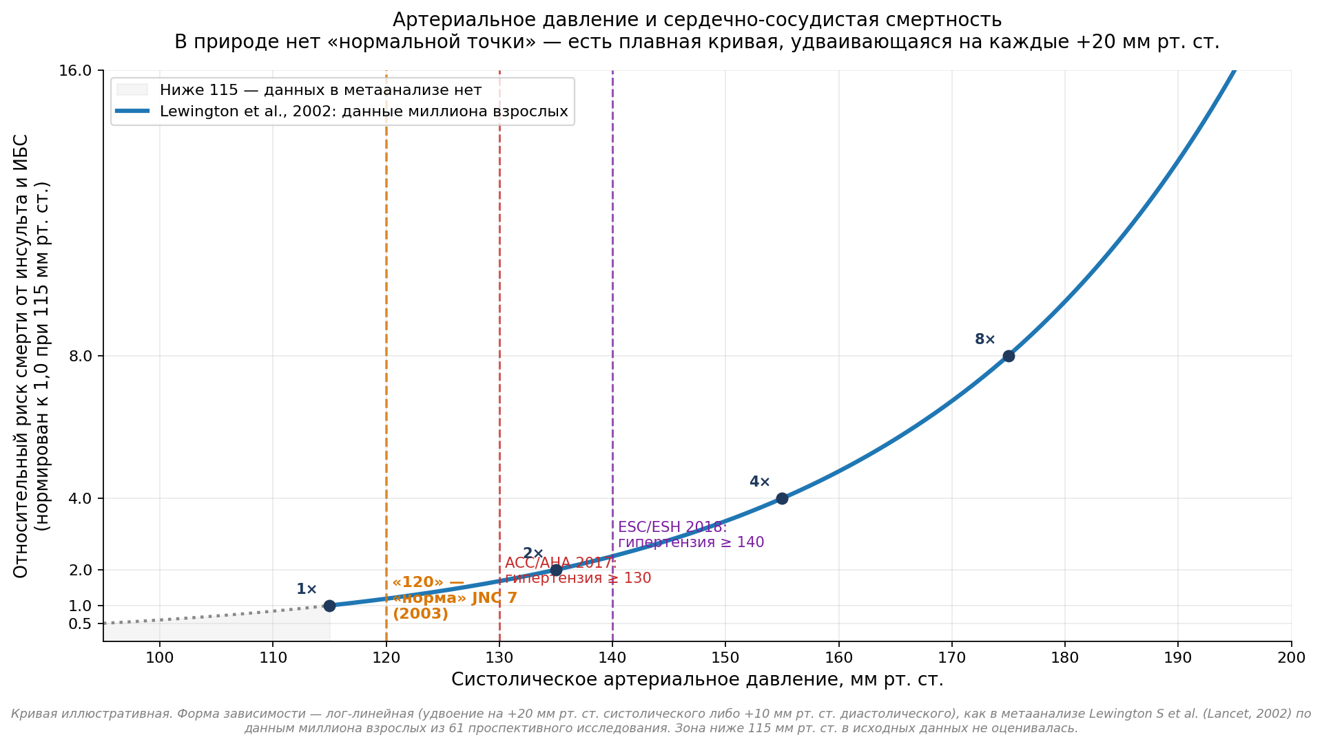 Лог-линейная связь систолического давления и сердечно-сосудистой смертности по данным Lewington et al. (Lancet, 2002). Никакой «нормальной точки» в природе нет: риск растёт непрерывно начиная как минимум с 115/75 и удваивается на каждые +20 мм рт. ст. Граница «120/80» — это административно выбранный ориентир в нижней части кривой, а не биологический порог.