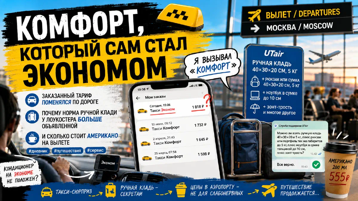 Коллаж: заказ такси, сменивший тариф с «Комфорта» на «Эконом», нормы ручной клади UTair и стакан американо за 555 рублей